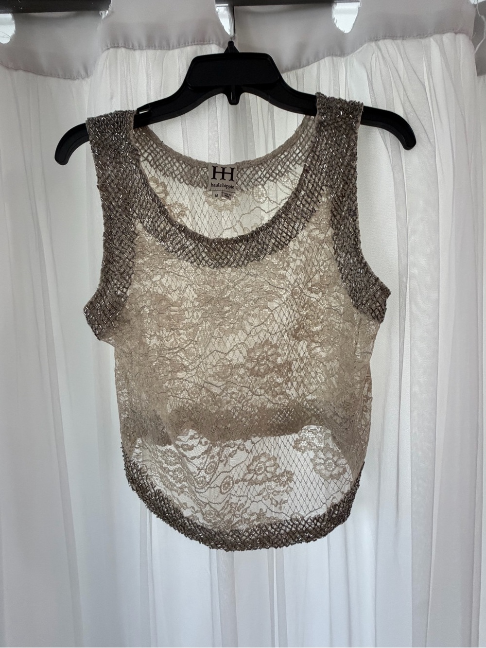Haute Hippie Taupe Lace & Metallic Trim Sleeveless Camisole